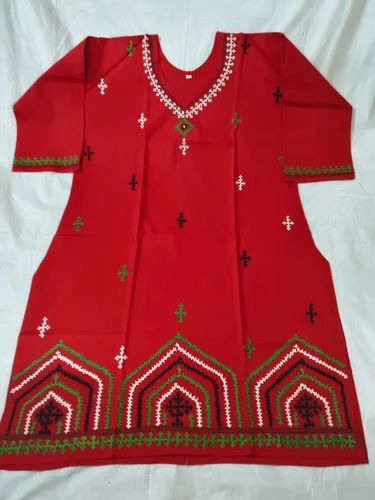 Casual Ladies Currant Red Embroidered Polyester Kurti
