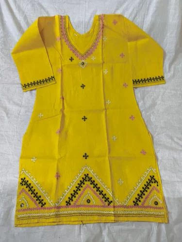 Casual Ladies Mustard Yellow Embroidered Polyester Kurti