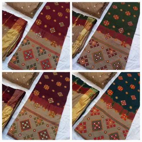 Cotton Embroidered Designer Phulkari Suit, Unstitched