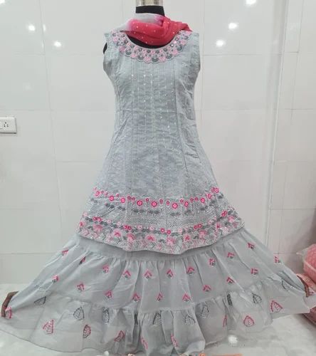 Embroidery Patiala Salwar Grey Embroidered Skirt Kurti Suit Set, Size: Medium