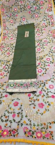 Cotton Unstitched Phulkari Kantha Suits With Hand Embroidered Dupatta