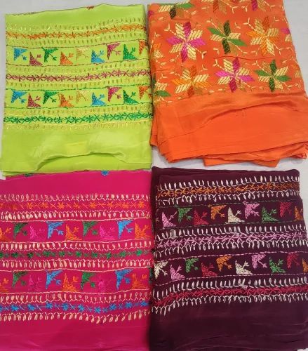 Crepe Multicolor Phulkari Handwork Punjabi Suits, Unstitched