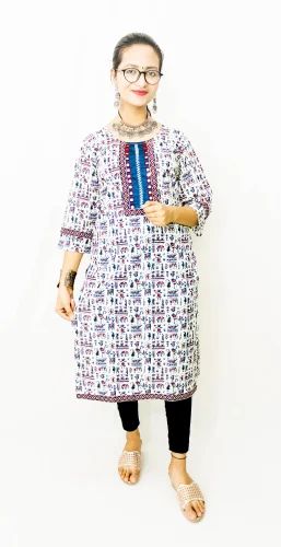 Cotton Embroidered AJRAKH NATURAL STRAIGHT KURTIES KATHA AND MIRROR WORK