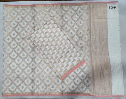 Cream Woven Banarasi Kota Doria Unstitched Suit, Party Wear