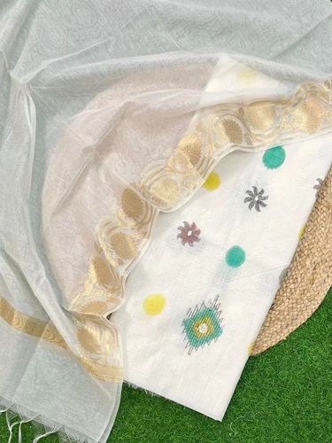 Printed White Banarasi Cotton Suit, A-line