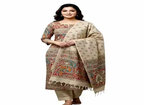 Mk Handloom Khadi Silk Madhubani Print Suit Dress Material