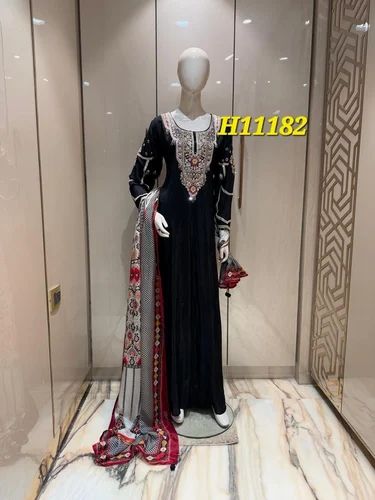 H11182 Handwork Embroidery Stitched Anarkali Palazzo Suit Set, Chinon