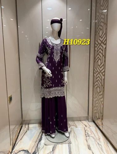 H10923 Handwork Embroidery Stitched Palazzo Suit Set, Chinon