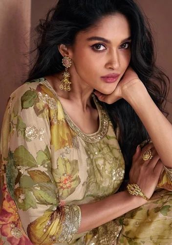 Indya XKS00910 Chinon Silk Stitched Palazzo Suit, Work: Embroidered