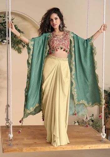 Indya XKS59294 Chinon Stitched Palazzo Suit, Work: Embroidered