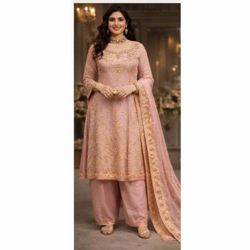 Pink Georgette Palazzo Salwar Dupatta Set, Embroidery