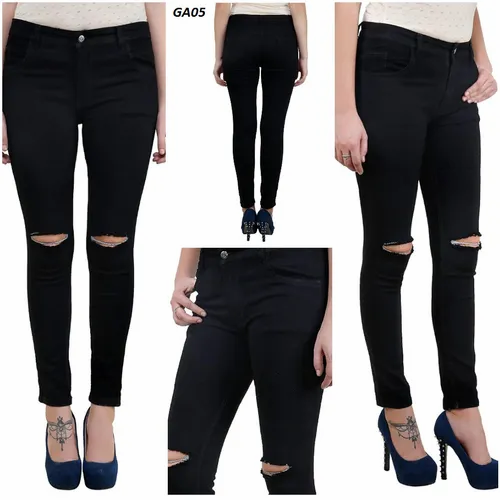 Black Knitted Denim Knee Cut Skinny Fit Jeans For Women