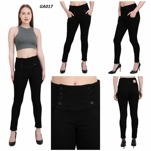 Stretch Denim Solid MM-21 Black 8-Button High Waist Jeans For Women, Skinny