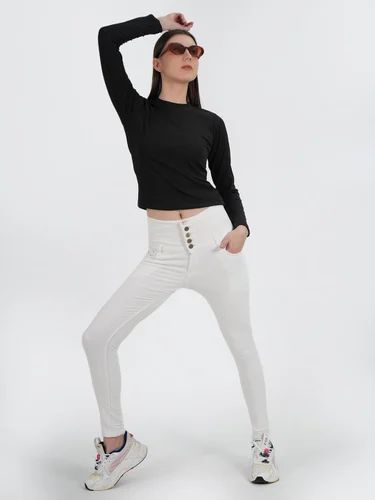 Solid Denim White 5-Button High Waist Skinny Fit Women Jeans