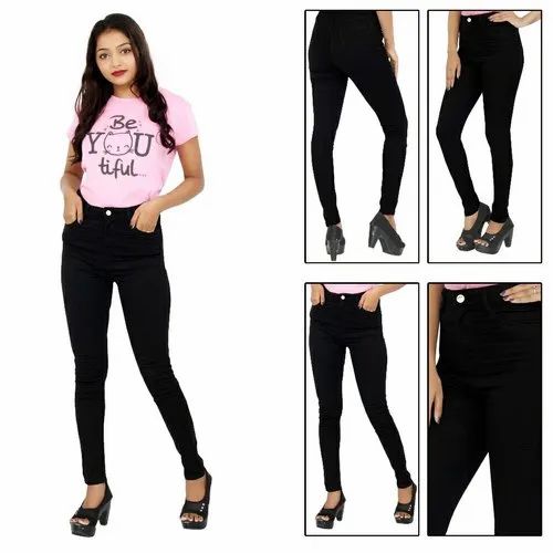 Knitted denim Solid 1-Button Black High Waist Jeans For Women, Skinny