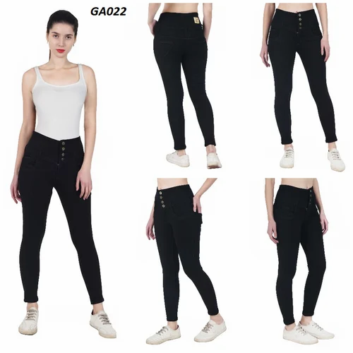 Solid Denim Cotton MM-21 Black 5-Button High Waist Jeans For Women, Skinny
