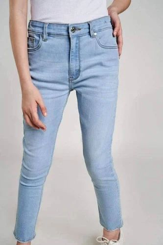 AND Denim Cotton Blue Self Design Ladies Bottom Wear