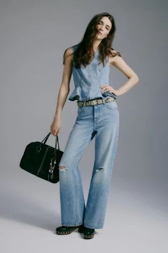 Washed Light Blue Ripped Women Denim Jeans, Straight Fit