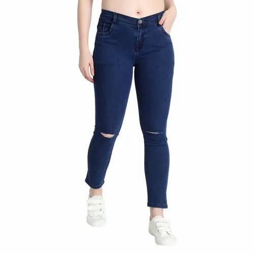 Slim Ladies Knee Cut Blue Jeans