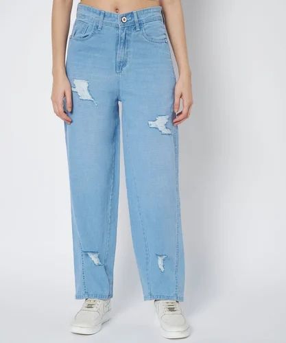 Vrone Women Sky Blue Denim Ripped Jeans