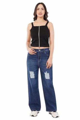 Vrone Women Dark Blue Denim Ripped Jeans