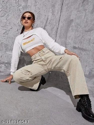 Regular Women Denim Ripped Jogger, Button, High Rise