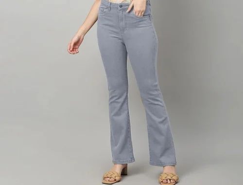 Solid Cotton Blend Grey Boot Leg Stretchable Jeans