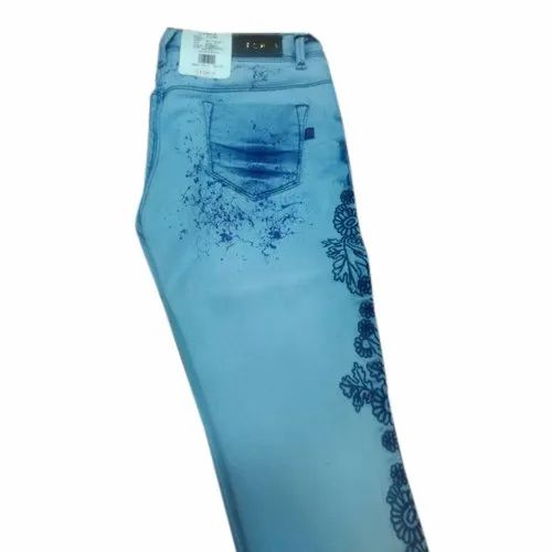 Cotton Ladies Blue Printed Jeans