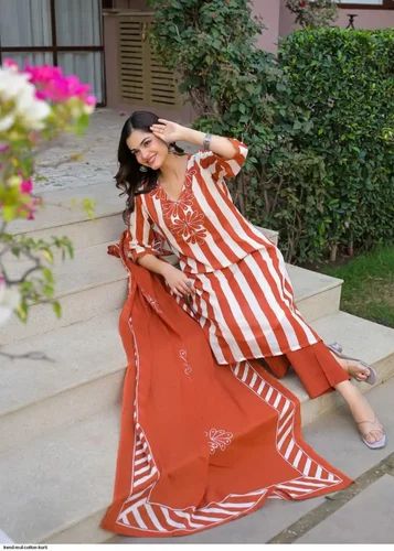 Designer kurti pant and dupatta set Premium fine cotton with handcrafted work on yoke paired