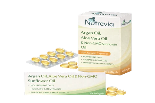Refined Argan oil, aleovera oil & non-gmo sunflawer oil soft gel capsules