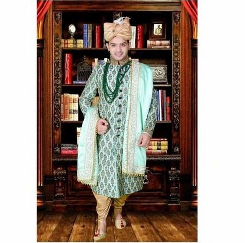 Blue Silk Groom Sherwani