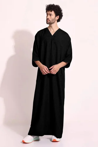Poly Cotton Men Black V Neck Arabic Thobe