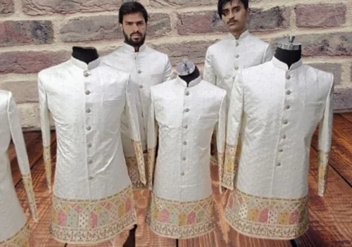 White Mens Party Wear Embroidered Sherwani, Blended Silk