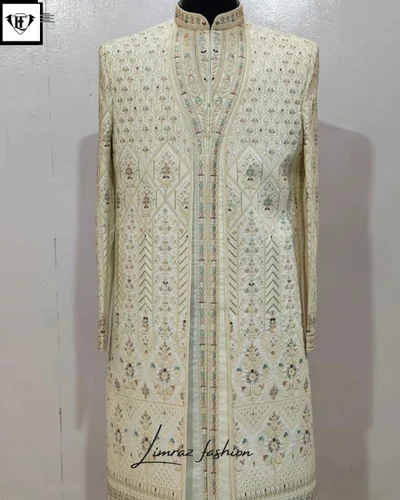Viscose Designer Cream Embroidered Wedding Sherwani for Groom, Pattern: Embroidery, Size: 42