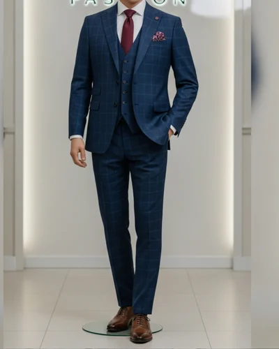 Mens Three Piece Formal Suit Blue Check Pattern