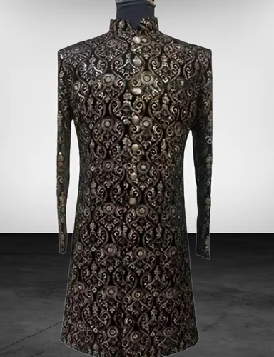 Black Velvet Embroidered Mens Designer Sherwani