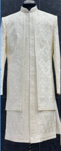 Men Off White Embroided Silk Sherwani
