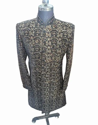 Men Black Jacquard Embroidery Sherwani