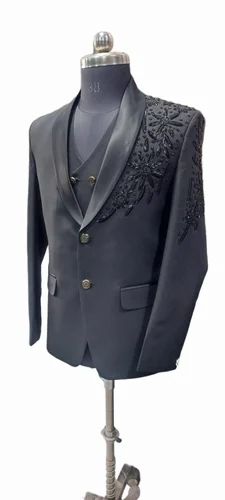 Men Black 3 Piece Embroidered Suit