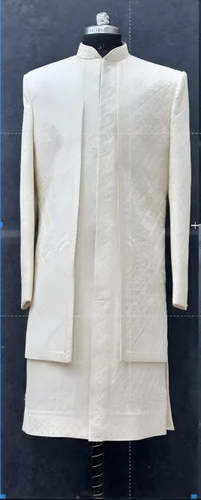 Men Pure White Embroidery Silk Sherwani