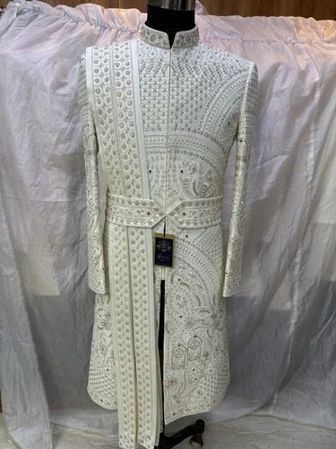 Art silk White Mens Wedding Sherwani, Size: 36, Pattern: Embroidered