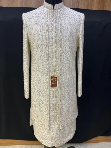 Smoke White Mens Wedding Sherwani, cotton silk