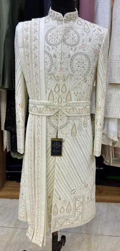 Floral White Silk Mens Wedding Sherwani (Size: 38)