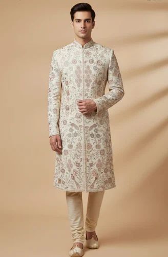 Cream Wedding Sherwani, Pattern: Kundan, Size: 44