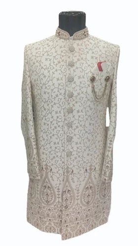 White Men Embroidered Sherwani, Jacquard