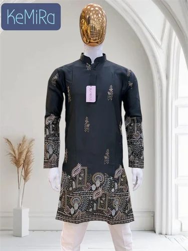 Men Traditional Wear Malai Satin Embroidery Kurta Pajama Set