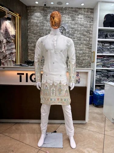 Men Cocktail Wear Malai Satin Embroidery Kurta Pajama Set