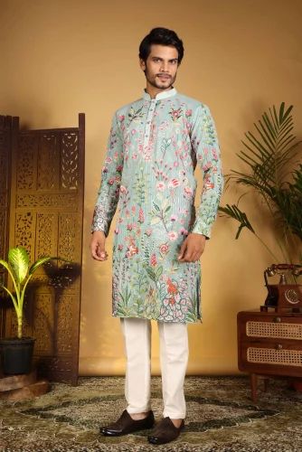 Mint Green Floral Embroidered Men Kurta Pajama Set, Cotton