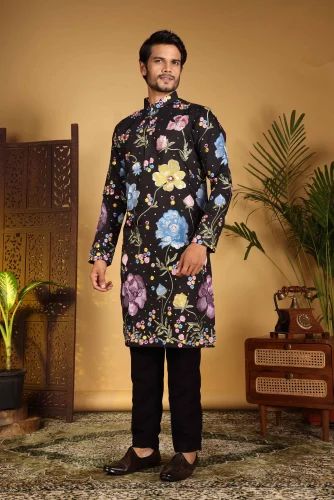 Black Floral Embroidered Men Kurta Pajama Set