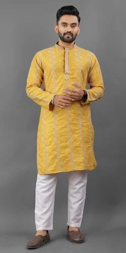 Men Yellow Embroidered Kurta Pajama Set